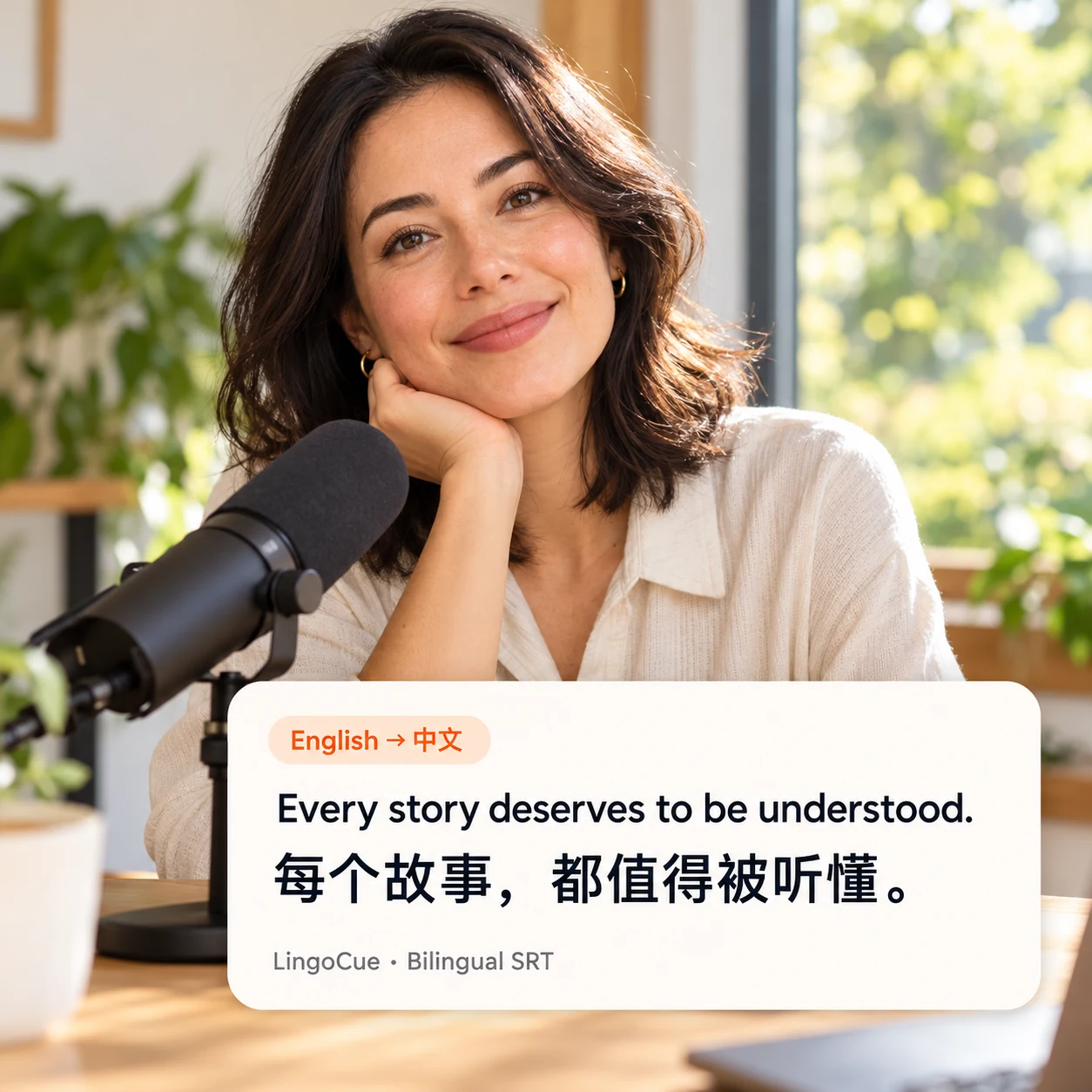 创作者坐在麦克风旁，叠加英中双语字幕示意卡片：每个故事，都值得被听懂。